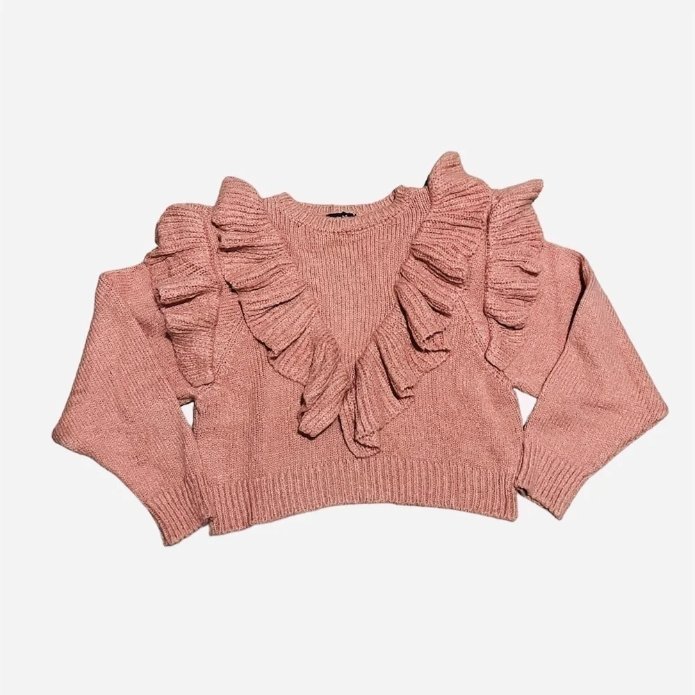 Pink Ruffle Crop Knit Sweater Women’s Size XL Cottagecore - Picture 5 of 12